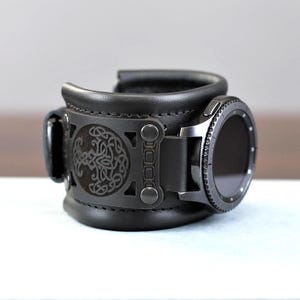 Personalized Leather Smartwatch Band: Celtic Tree Engraved Cuff Apple Watch Strap