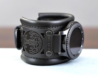 Personalized Leather Smartwatch Band: Celtic Tree Engraved Cuff Apple Watch Strap