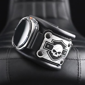 Handmade Leather Biker Watch Strap, Skull Engraved Cuff Band Smartwatch Accessory
