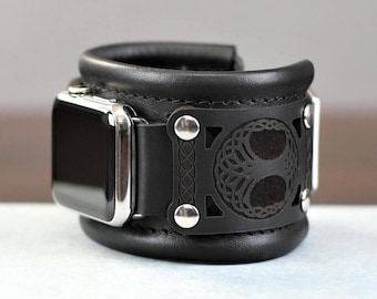 Cinturino per Apple Watch in pelle larga personalizzato, cinturino per smartwatch con incisione di albero celtico, bracciale a polsino