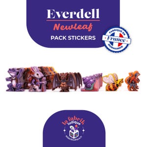 May include: A selection of Everdell Newleaf pack stickers showcasing animal characters. The stickers depict a frog, rabbit, bat, snail, bee, and other creatures. The stickers are brightly coloured and have a cartoon style design.