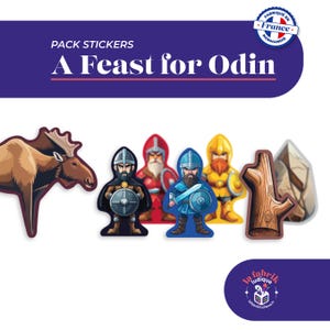 Może przedstawiać: Zestaw naklejek z napisem "A Feast for Odin" i różnymi postaciami wikingów z kreskówek, łosiem, kłodą i skałą. Naklejki są w różnych kolorach, w tym niebieskim, czerwonym, żółtym i brązowym. Zestaw jest oznaczony jako "Pack Stickers".