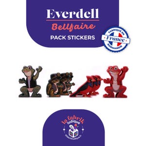 May include: A sticker pack featuring Everdell Bellfaire characters. The stickers include a green frog in a vest, brown frogs in hats, red birds, and a red frog. The stickers are on a white background.