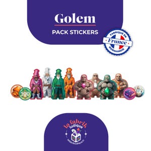 以下が含まれることがあります： 様々なファンタジーキャラクターのデザインが施された「Golem」ステッカーパック。ステッカーには、さまざまな色とスタイルのフィギュアと「Fabriqué en France」のシールが含まれています。「100」の数字が入った丸いステッカーも2枚含まれています。