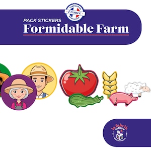 Może przedstawiać: Zestaw naklejek z napisem "Formidable Farm" w kolorze białym na ciemnoniebieskim tle. Naklejki przedstawiają ilustracje rolnika, pomidora, ogórka, pszenicy, świni i owcy.
