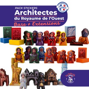 Peut inclure: Ensemble de figurines et de pièces de jeu en bois colorées, comprenant des personnages et des blocs de construction. Le texte "Architectes du Royaume de l'Ouest" est visible, ainsi que "Base + Extensions" et "Fabriqué en France".