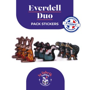 May include: A selection of Everdell Duo Pack Stickers showcasing animal characters. The stickers depict rabbits in orange and yellow attire, skunks in blue skirts and white shirts, and turtles in suits. The image also includes the text "Fabriqué en France."