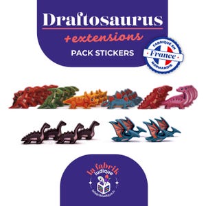 May include: A selection of dinosaur figurines in various colours, such as red, green, orange, blue, and pink. The image includes the text "Draftosaurus + extensions PACK STICKERS" and a "Fabriqué en France" sticker.