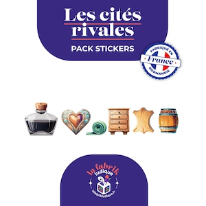 Peut inclure: Un pack d'autocollants avec le texte "Les cités rivales" et "PACK STICKERS" sur fond bleu foncé. Le pack comprend des illustrations d'un flacon d'encre, d'un cœur, d'un rouleau, d'une commode, d'un morceau de cuir et d'un tonneau.