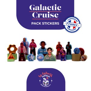 May include: A pack of "Galactic Cruise" stickers featuring colorful, stylized figures of astronauts and space-themed objects. The stickers are arranged in a row, with a blue and white banner at the top that reads "Fabriqué en France, Normandie."