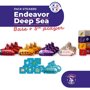 May include: A sticker pack for the board game Endeavor Deep Sea, featuring red, yellow, purple, and beige submarine stickers, a stack of colorful cubes with icons, and teal square stickers with various symbols including a lightbulb and compass.