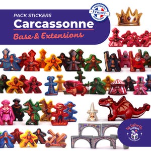 May include: A selection of Carcassonne board game pieces, featuring figures, a crown, and bridge structures. The pieces are in various colours, including red, green, yellow, and blue. The text "Carcassonne Base & Extensions" is displayed on a blue background.