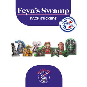 Può includere: Un pacchetto di adesivi "Feya's Swamp" con varie creature della palude dei cartoni animati. Gli adesivi includono una lucertola, un axolotl, una rana e una tartaruga. Gli adesivi sono colorati e in stile cartone animato.