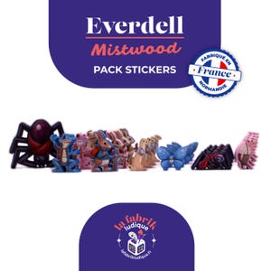 May include: A collection of Everdell Mistwood pack stickers featuring various animal figurines. The stickers include a black spider, blue frog, pink rabbit, tan squirrel, and blue butterfly. The stickers are made in France.