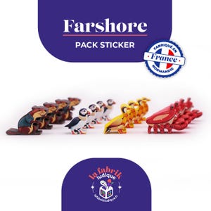 May include: A pack of colourful wooden animal stickers featuring a puffin, a crab, and a beaver. The stickers are made in France and are part of the Farshore brand.