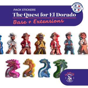 Puede incluir: Un paquete de pegatinas con personajes y figuras de dragones del juego de mesa "The Quest for El Dorado". Las pegatinas incluyen aventureros con varios atuendos y diseños de dragones coloridos. Se muestra el texto "The Quest for El Dorado".