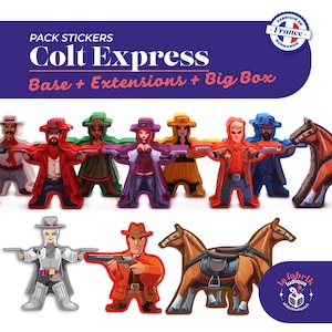 Puede incluir: Una colección de pegatinas para el juego de mesa Colt Express con varias figuras de personajes en colorida vestimenta del oeste, incluyendo vaqueros, vaqueras y caballos. El set incluye pegatinas para la base, expansiones y caja grande.