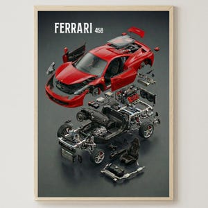 Pôster com vista explodida do Ferrari 458 | Arte digital de supercarro para parede | Decoração de carro italiano | Presente para mecânico | Diagramas elétricos do motor A1 para impressão