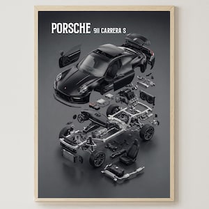 Pôster com vista explodida do Porsche 911 Carrera S | Arte digital para parede de carro | Presente para mecânico | Decoração automotiva | Diagramas elétricos do motor A1 para impressão