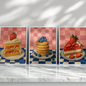 Vintage Dessert Poster Set | Digital Download | Pancakes, Strawberry Tart, Layer Cake Prints | Retro Kitchen Wall Art| Poster | Home Decor |