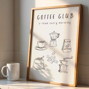 Impressão artística do Coffee Club, pôster para amantes de café, arte minimalista sobre café, impressão de grãos de café, pôster de parede para decoração de cozinha e casa, presente para barista