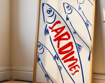 Sardines Wall Art Poster – Bold Red Typography with Blue Fish, Retro Kitchen Decor, Vintage Inspired Seafood Print – Quirky Coastal Wall Art