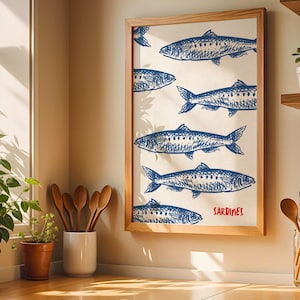 Sardines Print, Vintage Sardine Wall Art Poster, Retro Fish Print, Eclectic Wall Art, Colourful Kitchen Art Maximalist Poster, Fisherman Art