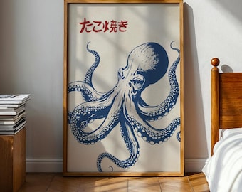 Japanese Octopus Print, Vintage Japan Wall Art Poster, Dark Blue Octopus with Red Japanese Writing, Cool Eclectic Wall Art, Home Decor