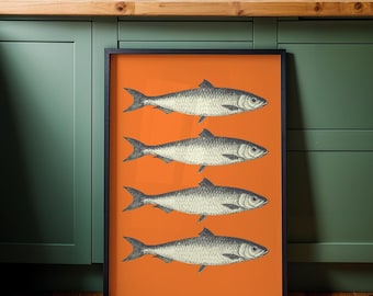 Sardines Wall Art Poster, Fisherman Print, Retro Sardines Poster, Orange Food Art, Kitchen Poster, Funky Home Décor, Maximalist Retro Art