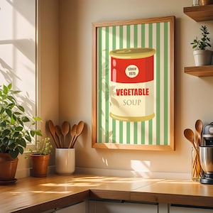Soepmuurkunstposter, afdruk blik soep, vintage stijl voedselkunst, keukenposter, retro soepmuurkunst, voedselkunst voor keukens