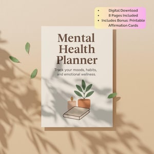 Afdrukbare pdf-planner geestelijke gezondheid: dagelijkse check-in, stemmingstracker, zelfzorgdagboek + gratis bonusbevestigingskaarten