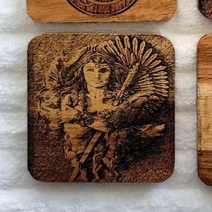 Set of 4 Acacia Wood Laser Engraved Norse Viking Freya Warrior Shield Coasters with Holder