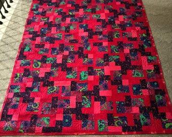 Bright and Modern Hot Pink block lap quilt or  wall hanging  with floral background