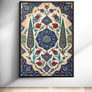 Ottoman Iznik Tile Wall Art Printable, Turkish Floral Pattern Poster, Traditional Ceramic Decor Digital Download