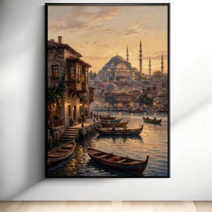 Istanbul Sunset Wall Art Printable, Turkish Mosque Landscape, Bosphorus City Poster, Travel Decor, Ottoman Style Digital Download