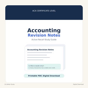 Peut inclure: Une image numérique intitulée "Accounting Revision Notes" avec le texte "ACA CERTIFICATE LEVEL" en haut. La couverture présente le titre en grandes lettres bleues, avec un exemple de question et de réponse sur la comptabilité en partie double.