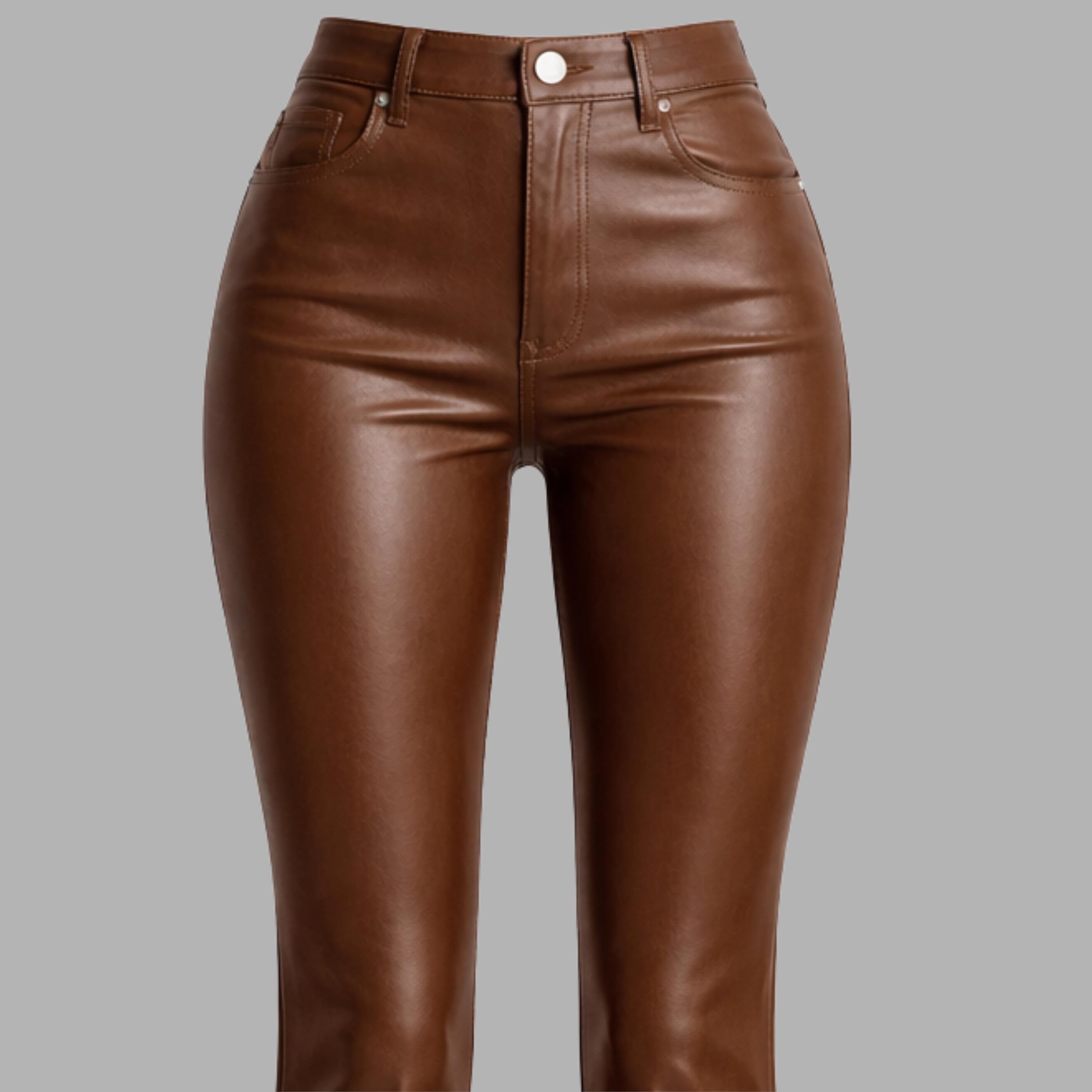Brown Genuine Leather Flare Pant, High Waisted Y2K Leather