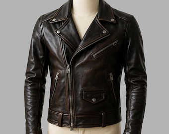 Handmade Heavy-Duty Cowhide Leather Biker Jacket  Men's Black Moto Jacket