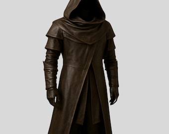Hooded Brown Leather Trench Coat, Gothic Cosplay Costume