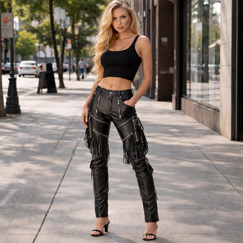 pure leather fringe pants black