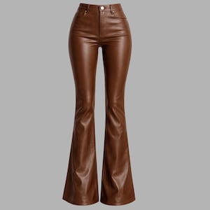 May include: Brown faux leather flared pants with a high waist and button closure. The pants have a classic five-pocket design and a flared leg opening. The pants are a solid brown color and are made of a smooth, shiny material.