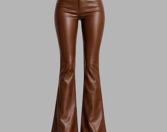 Brown Genuine Leather Flare Pant, High Waisted Y2K Leather Trousers, Vintage Inspired Women's Pant
