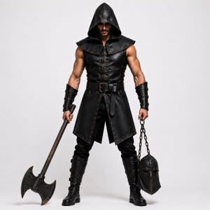 May include: A black sleeveless hooded tunic featuring multiple front buckles, a wide waist belt, and metal stud detailing. The outfit includes matching black forearm bracers, tall buckled boots, a double-headed battle axe, and a spiked metal helmet.