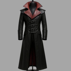 Gothic Vampire Leather Trench Coat, Red Collar Steampunk Costume