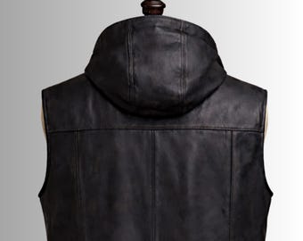 Genuine Leather Hooded Vest, Edgy Leather Vest, Sleeveless Jacket