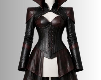 Damesjas van puur leer, gothic korset, zwart gothic hoog laag jas, steampunk vampier leren jas, donkere fantasie Victoriaanse outfit