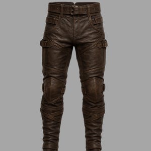 Men’s Brown Warrior Leather Pants – Medieval Battle Style Trousers with Straps & Armor Detailing, Handmade Cosplay or LARP Costume Pants