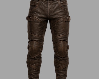 Op de afbeelding: Bruine leren broek met een riem, gespen en kniebeschermers. De broek heeft een ruig, getextureerd uiterlijk met meerdere gestikte panelen en riemen. Het ontwerp suggereert een vintage of steampunk esthetiek.