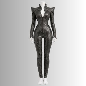 Shadow Empress black leather catsuit front view

Gothic armor bodysuit with structured shoulders