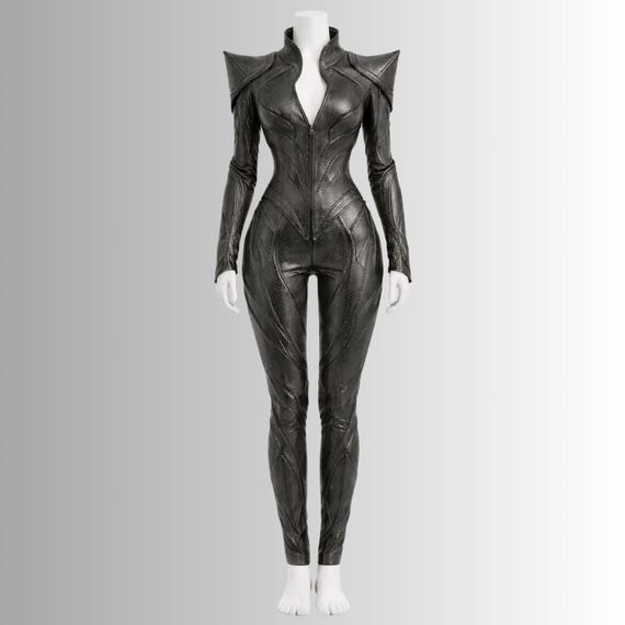 Shadow Empress Leather Catsuit, Gothic Armor Bodysuit, Dark Fantasy Cosplay Costume, Black Warrior Jumpsuit